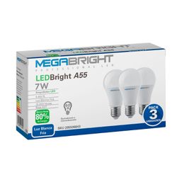 Pack 3 un. Ampolletas LED Megabright A55 Classic 7W/6400K E-27