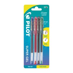Lápiz Gel Pilot Super Gel Negro + Azul + Rojo + Verde 0.5 mm