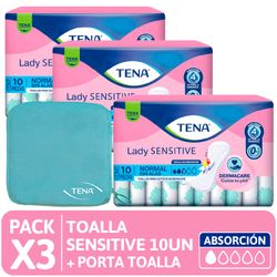 Pack 3 un. Toallas Higiénicas Tena Lady Sensitive 10 un. + Porta Toallas
