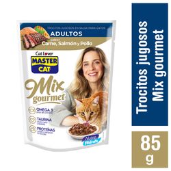 Alimento Gato Master Cat Trocitps Mix Salmón, Carne y Pollo 85 g