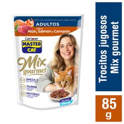Alimento Gato Master Cat Trocitos Mix Atún, Salmón y Camarón 85 g