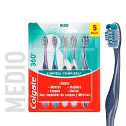 Pack 5 un. Cepillo de Dientes Colgate 360° Medio Limpieza Completa